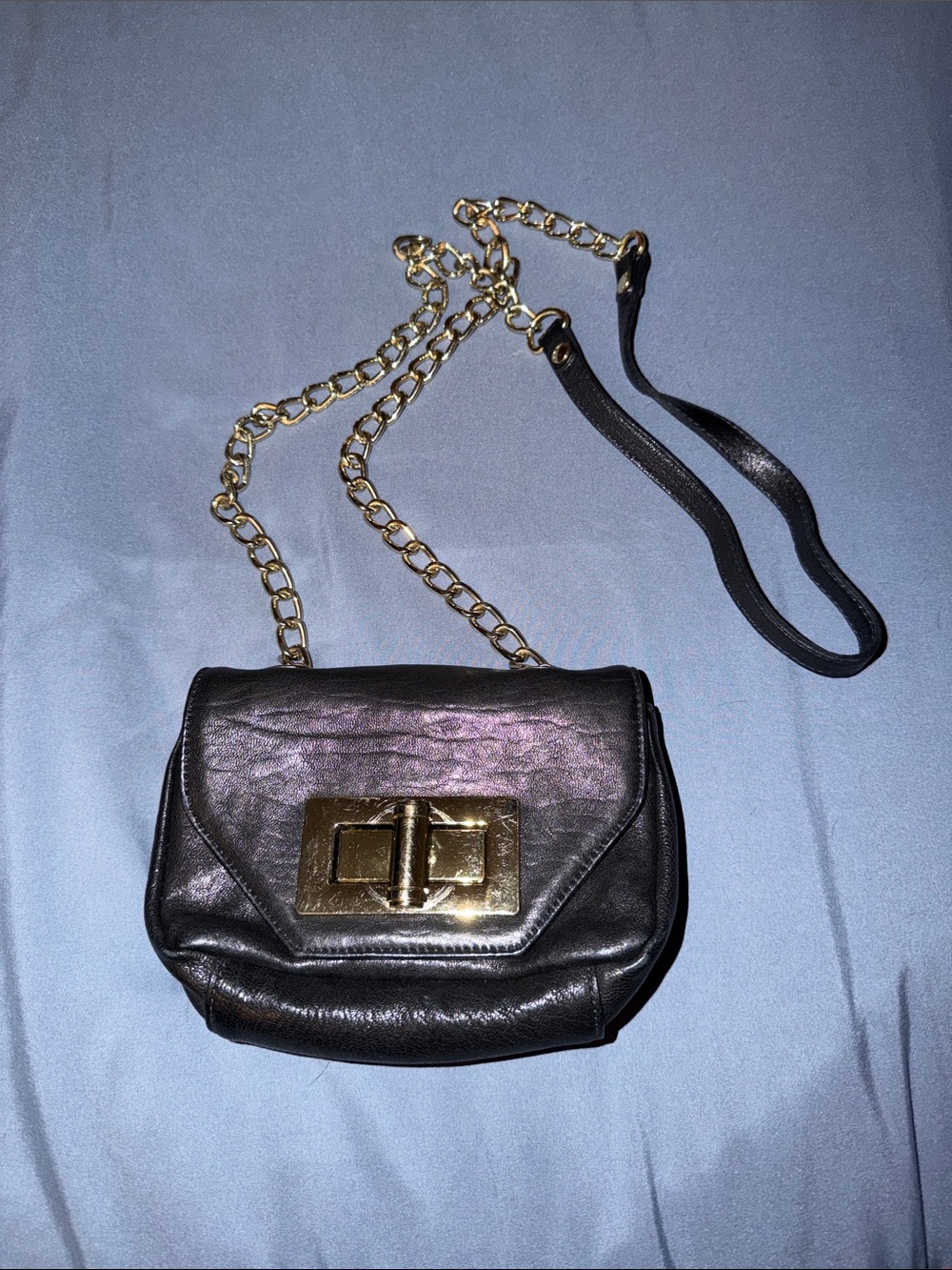 Cache Black Leather Crossbody with Gold Chain and Turn-Lock